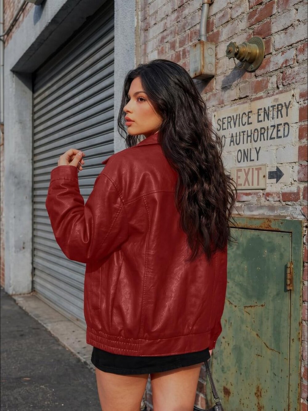 Women's Red Oversized Faux Leather Jacket Fall and Winter Biker Moto Coat - Picture 4 of 6